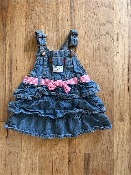 OshKosh B'gosh Other - OshKosh B'gosh Blue Denim Ruffle Overall Dress with Pink Gingham Belt 18 months